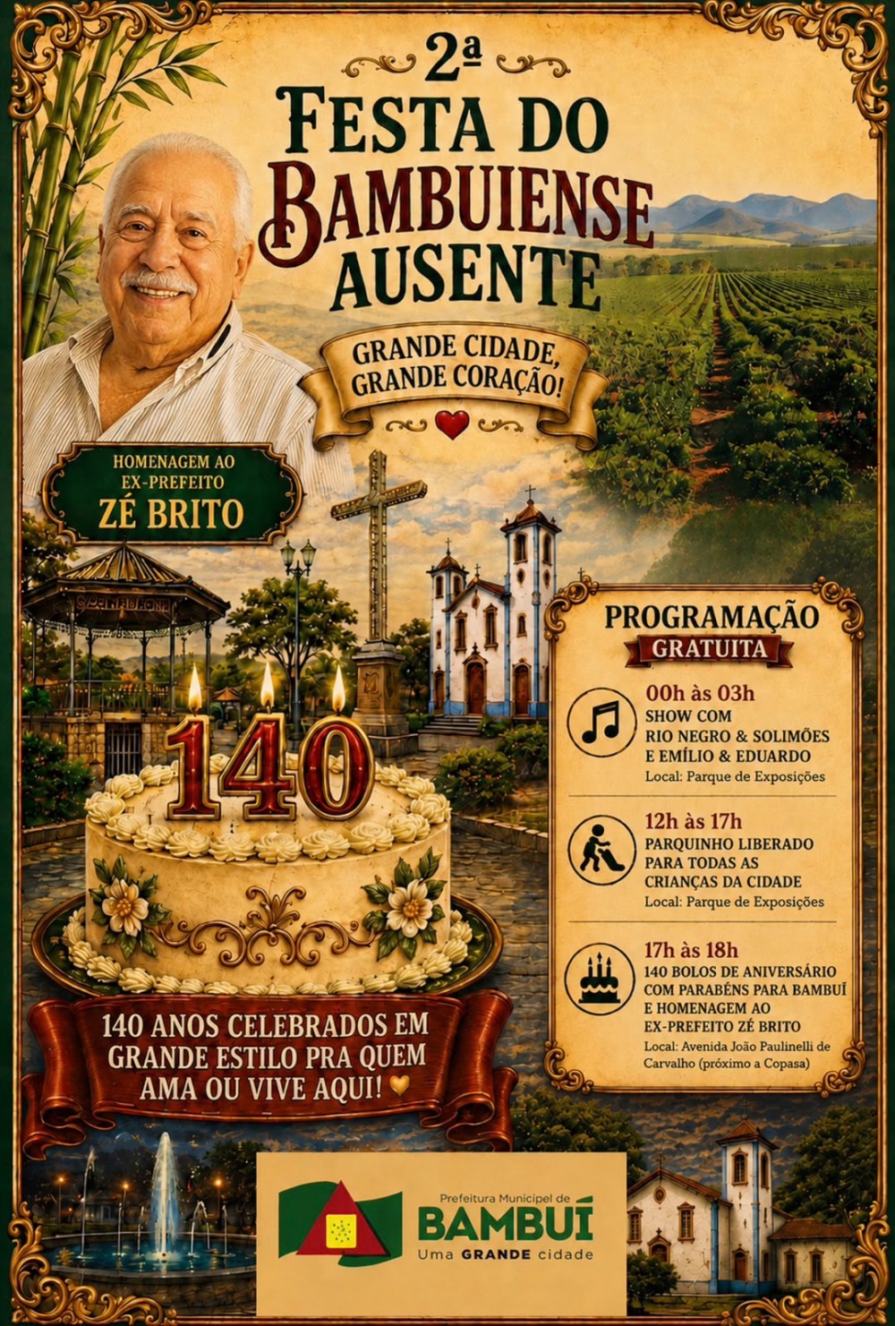 Bambuí celebra 140 anos com shows, lazer para crianças e homenagem ao ex-prefeito Zé Brito